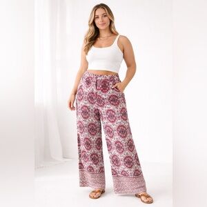 LOFT Boho Wide Leg Pants | Medallion Print | Elastic Waist Size XL